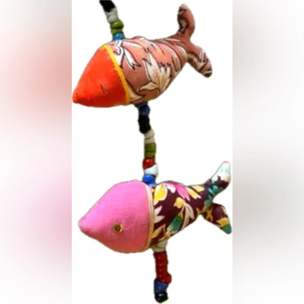 Vintage Handmade Fabric Fish Colorful Patchwork Garland Mobile Beaded Bell OOAK